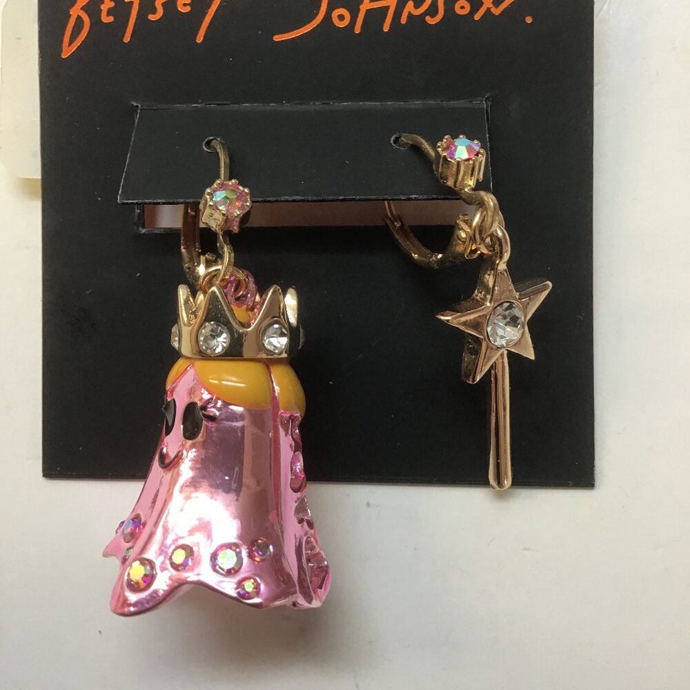 Betsey Johnson New Mismatch Pink Princess Ghost and Magic Wand Earrings